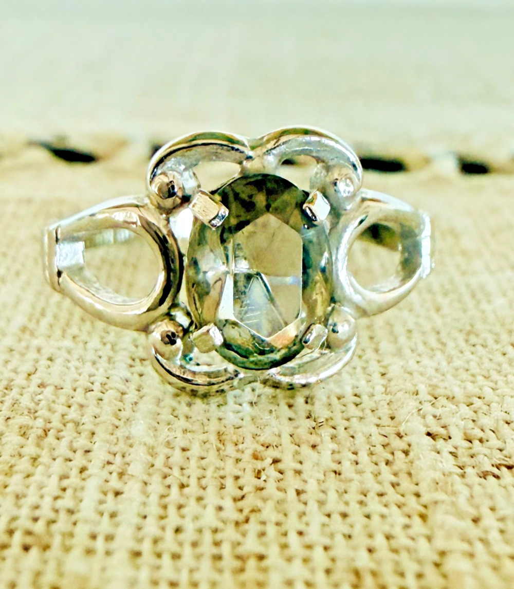 Vintage Rhodium Electroplate Ring Smoky Stone Pierced Shoulders Size 6.5